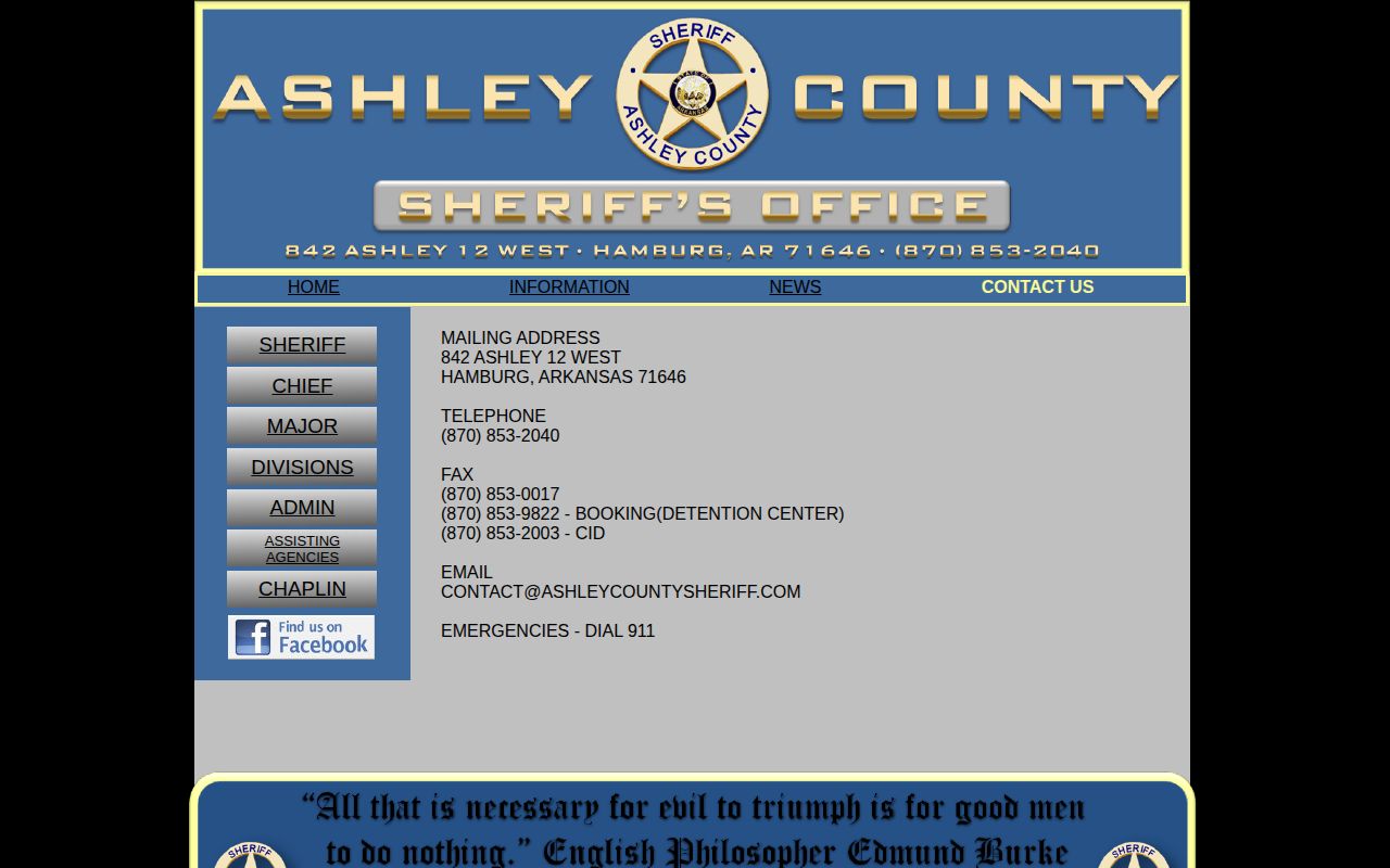 Ashley County Sheriff contact page with booking and detention contact information