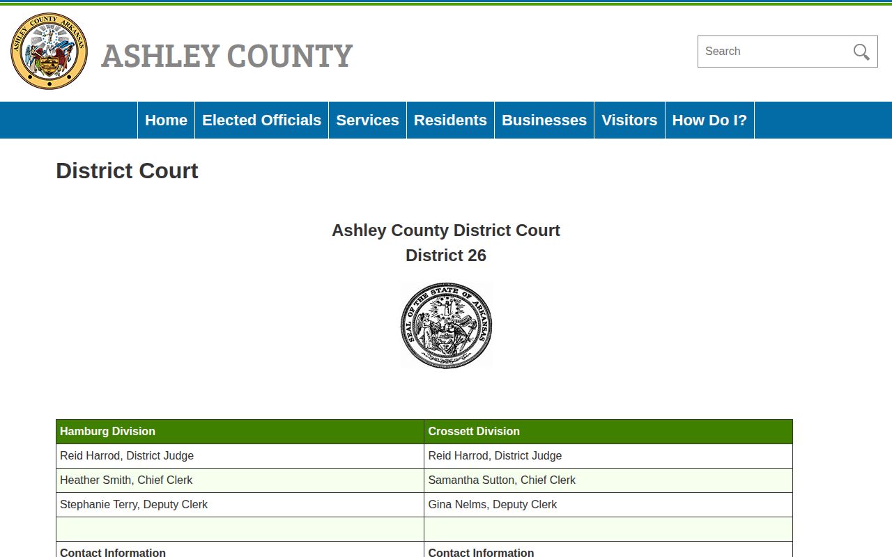 Ashley County District Court page with Crossett division information