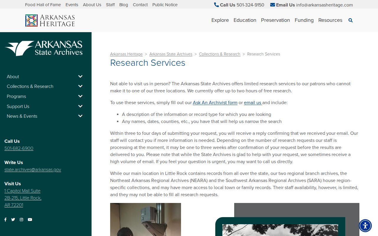 Arkansas State Archives research services page for historical newspaper requests